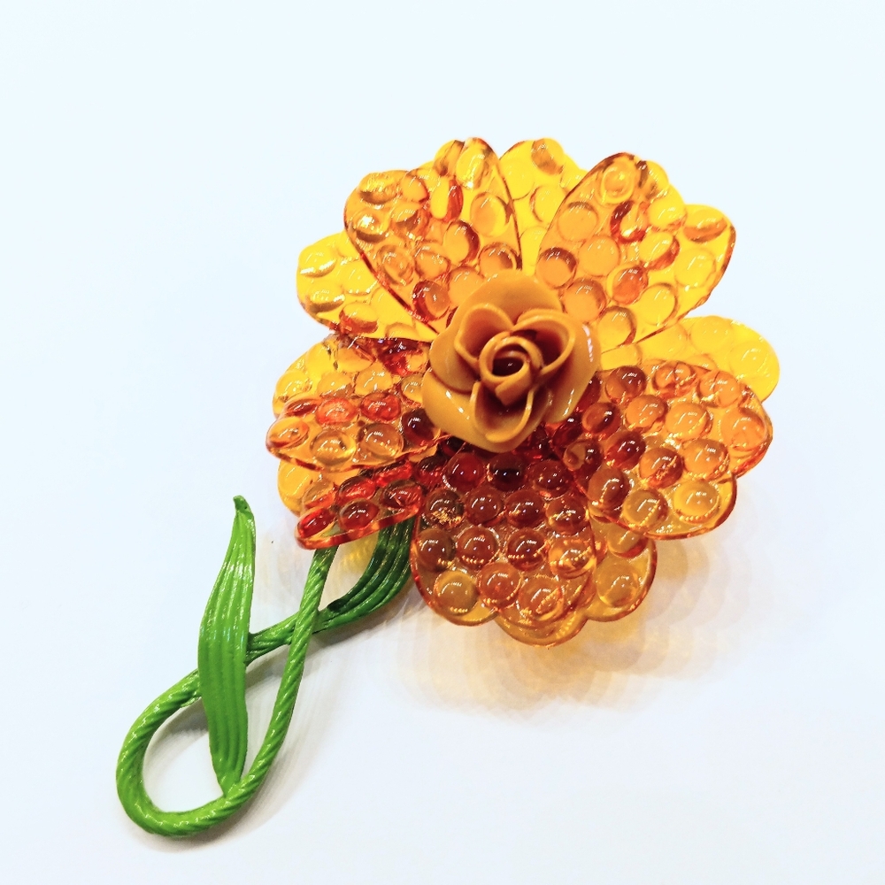 Vintage Large Lucite Gold Bubble Flower Brooch